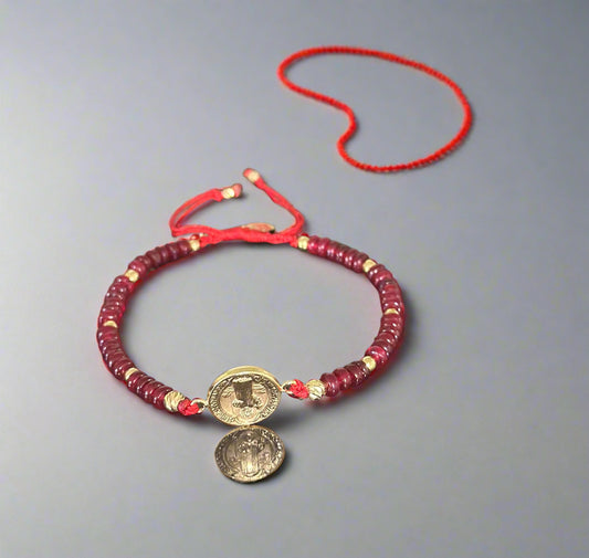 18K Saint Benedict with Diamond cut beads Bracelet