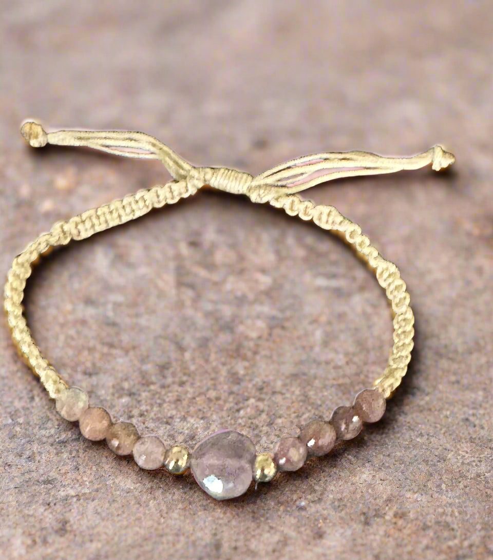 Pink Quarts and 18K Gold Beads Cord Bracelet