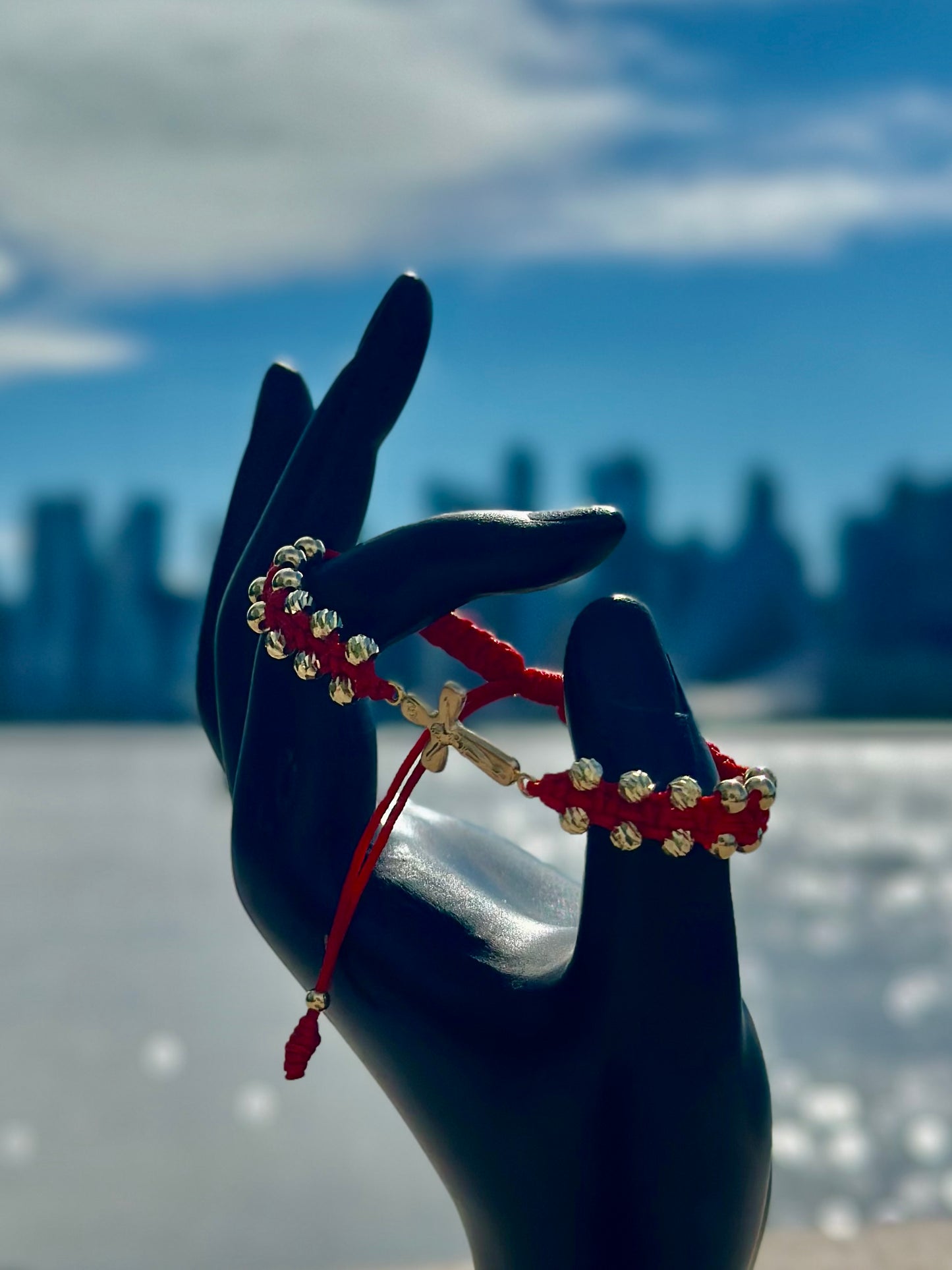 18K Gold Greek Bracelet  Red cord