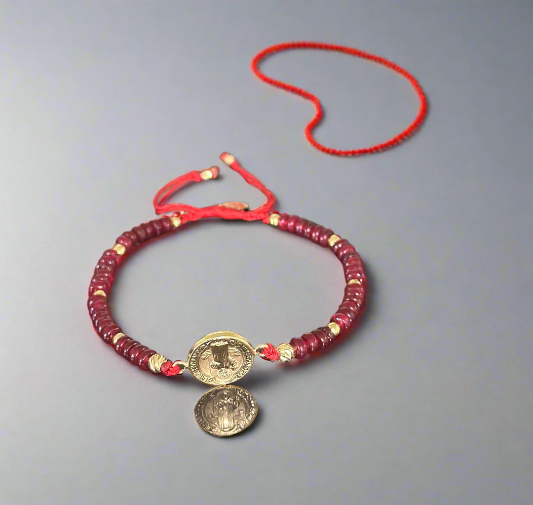 18K Saint Benedict with Diamond cut beads Bracelet