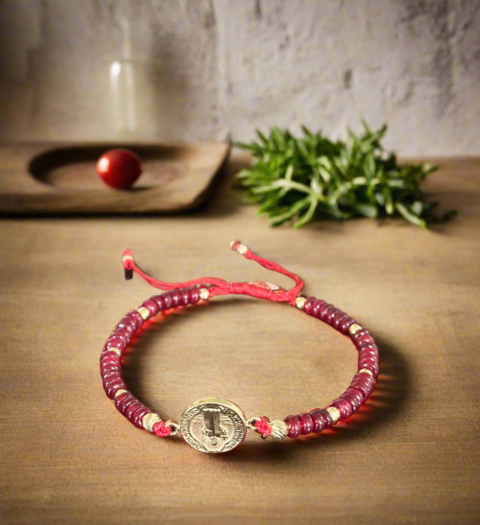 18K Saint Benedict with Diamond cut beads Bracelet