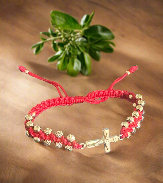 18K Gold Greek Bracelet  Red cord