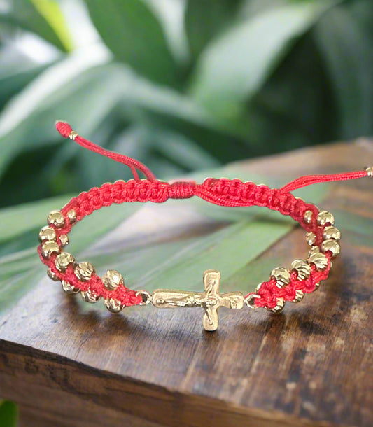18K Gold Greek Bracelet  Red cord