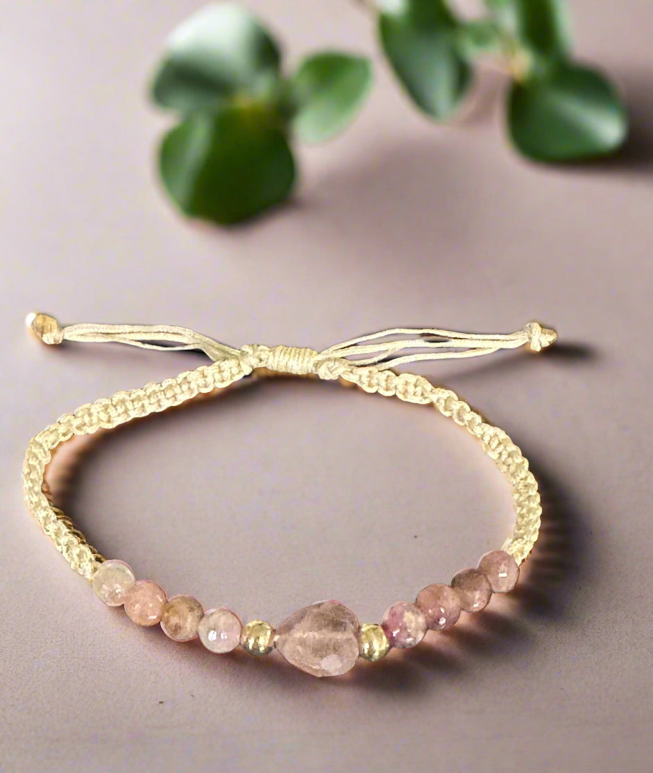 Pink Quarts and 18K Gold Beads Cord Bracelet