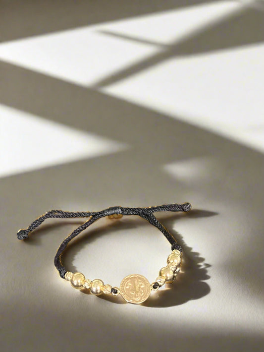 18K Gold Saint Benedict Center Charm Bracelet Black Cord