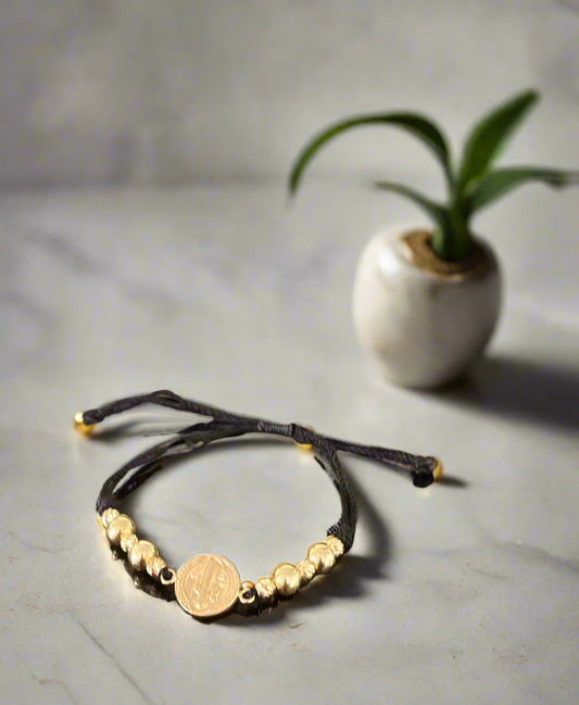 18K Gold Saint Benedict Center Charm Bracelet Black Cord